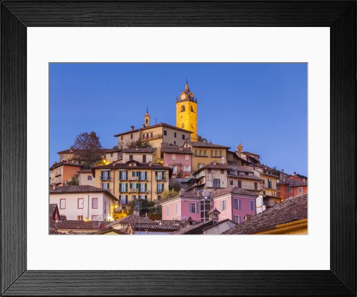 Framed Print : Village of Monforte d Alba at twilight, Langhe, Piedmont, Italy, Europe Framed Print : Village of Monforte d Alba at twilight, Langhe, Piedmont, Italy, Europe