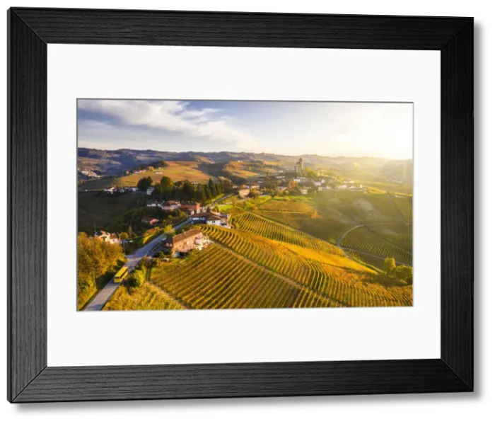 Framed Print : Yellow bus transit at Serralunga d Alba at sunset. Serralunga d Alba, Langhe Framed Print : Yellow bus transit at Serralunga d Alba at sunset. Serralunga d Alba, Langhe