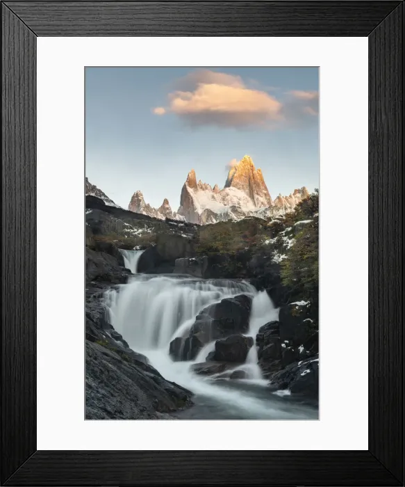 Framed Print : Secret waterfall and Fitz Roy at sunrise, El Chalten, Santa Cruz province, Argentina Framed Print : Secret waterfall and Fitz Roy at sunrise, El Chalten, Santa Cruz province, Argentina