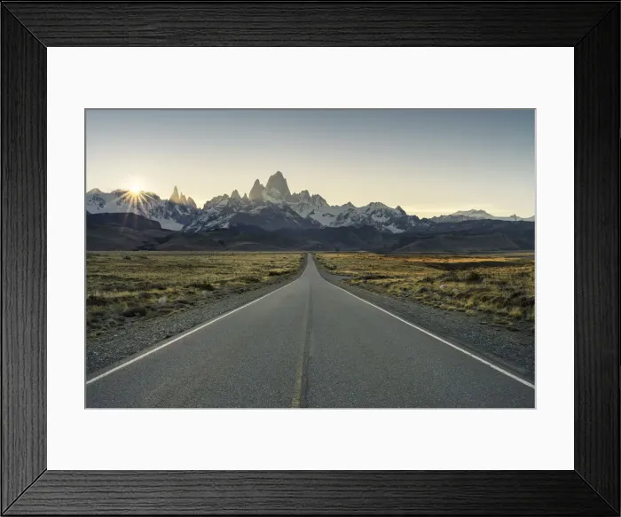 Framed Print : Road leading to El Chalten, with Fitz Roy range in the background at sunset Framed Print : Road leading to El Chalten, with Fitz Roy range in the background at sunset