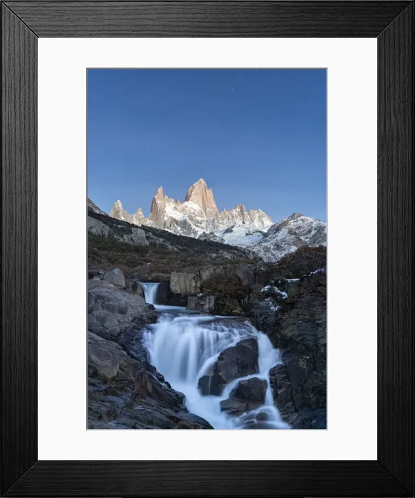Framed Print : Secret waterfall and Fitz Roy at dusk, El Chalten, Santa Cruz province, Argentina Framed Print : Secret waterfall and Fitz Roy at dusk, El Chalten, Santa Cruz province, Argentina