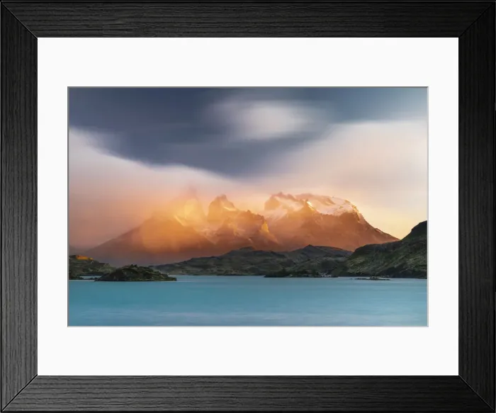 Framed Print : Paine Horns, Cerro Paine and Lake Pehoa at sunrise. Torres del Paine National Park