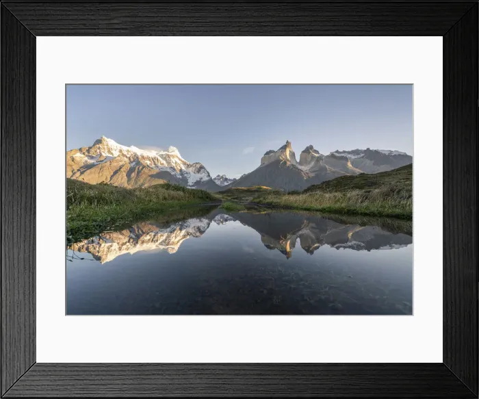 Framed Print : Reflection of Cerro Paine Grande, Cuernos del Paine and Cerro Paine peaks in the morning Framed Print : Reflection of Cerro Paine Grande, Cuernos del Paine and Cerro Paine peaks in the morning