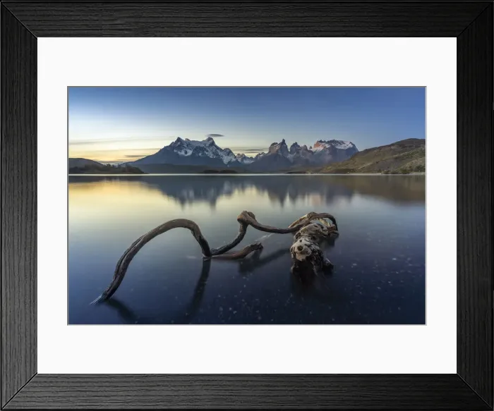 Framed Print : Sunset reflection of the Paine range peaks on Lake Pehoa Framed Print : Sunset reflection of the Paine range peaks on Lake Pehoa