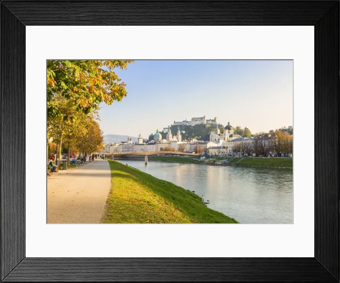 Framed Print : Cycle path along Salzach river with the old town in the background, Salzburg Framed Print : Cycle path along Salzach river with the old town in the background, Salzburg