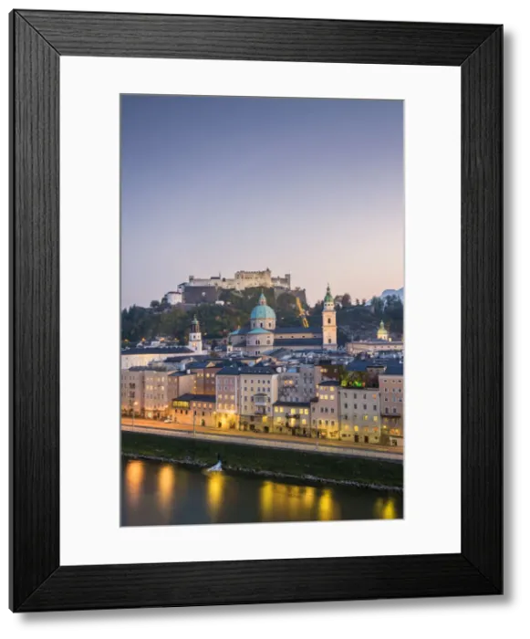 Framed Print : Historical old town of Salzburg reflected in Salzach river at dusk with Hohensalzburg Framed Print : Historical old town of Salzburg reflected in Salzach river at dusk with Hohensalzburg