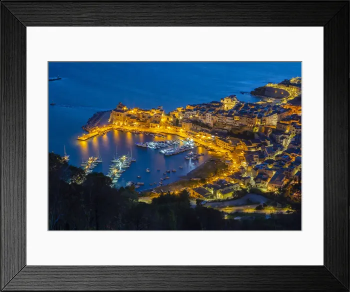 Framed Print : Elevated view of the fishing village Castellammare del Golfo at dusk, Trapani province Framed Print : Elevated view of the fishing village Castellammare del Golfo at dusk, Trapani province