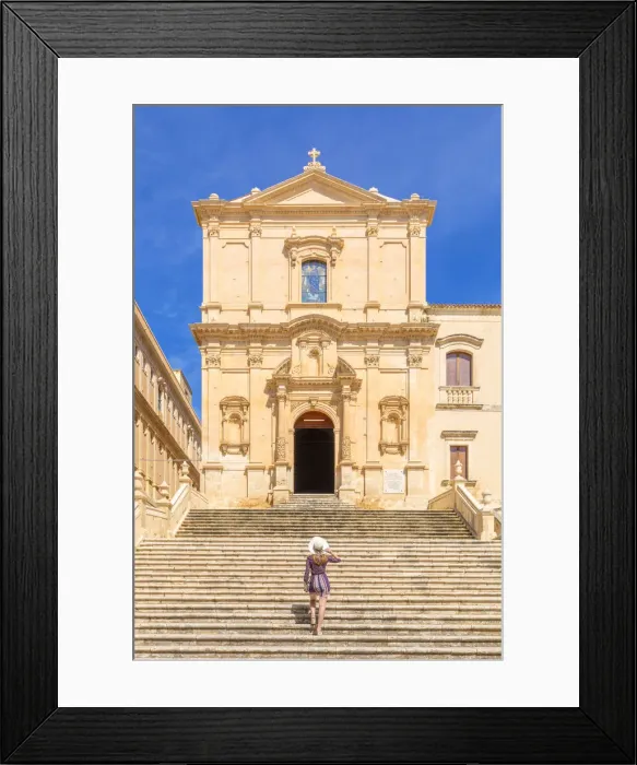 Framed Print : Young woman climbing the stairs of San Francesco all Immacolata church, Noto Framed Print : Young woman climbing the stairs of San Francesco all Immacolata church, Noto