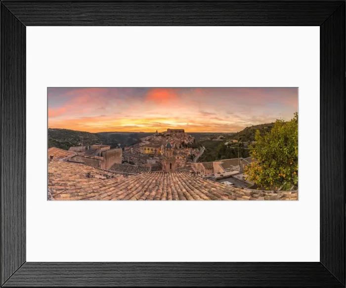 Framed Print : Close up of a typical rooftop with the enchanting hilltop city of Ragusa Ibla in Framed Print : Close up of a typical rooftop with the enchanting hilltop city of Ragusa Ibla in