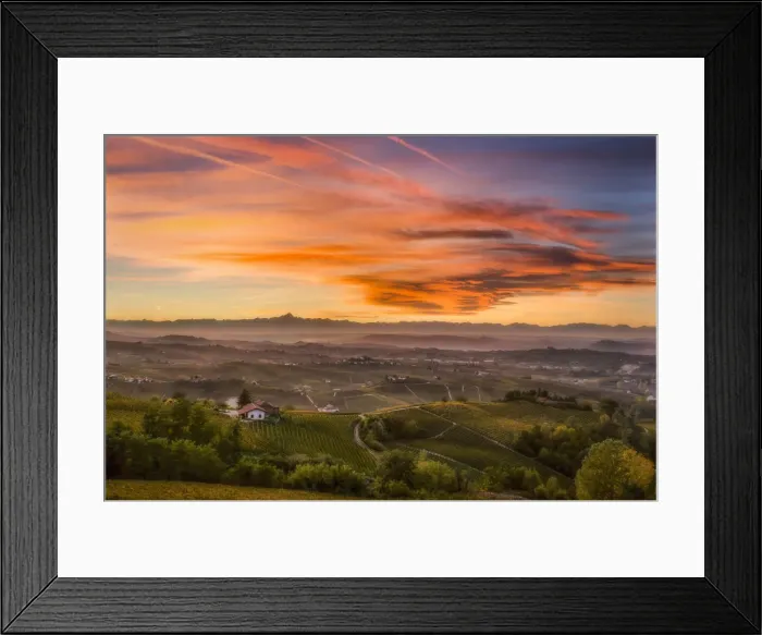 Framed Print : Red Sunset in Langa up the hills of Castiglione Tinella, Piedmont, Italy, Europe Framed Print : Red Sunset in Langa up the hills of Castiglione Tinella, Piedmont, Italy, Europe
