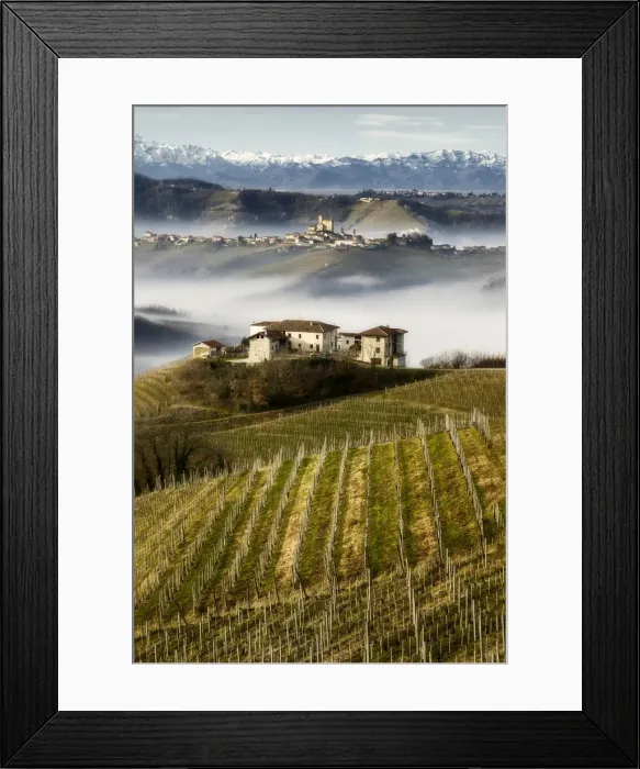 Framed Print : Vineyards in Langhe with a farmhouse on the foreground, Serralunga D Framed Print : Vineyards in Langhe with a farmhouse on the foreground, Serralunga D