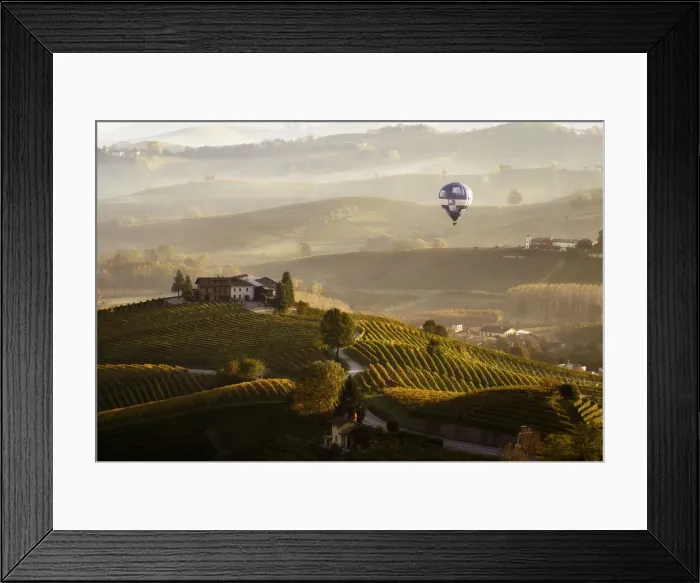 Framed Print : Misty morning in Langhe with an hot baloon, Piedmont, Italy Framed Print : Misty morning in Langhe with an hot baloon, Piedmont, Italy
