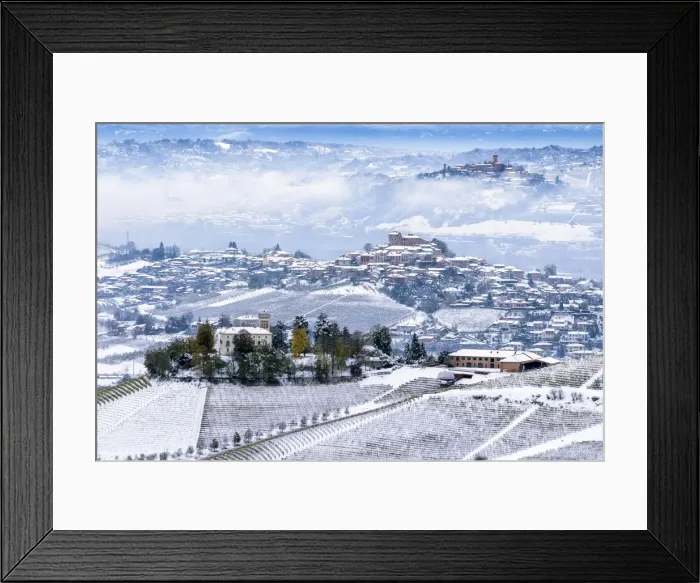 Framed Print : Snow on the three hills of Ceretto Wine, Roddi and Santa Vittoria d