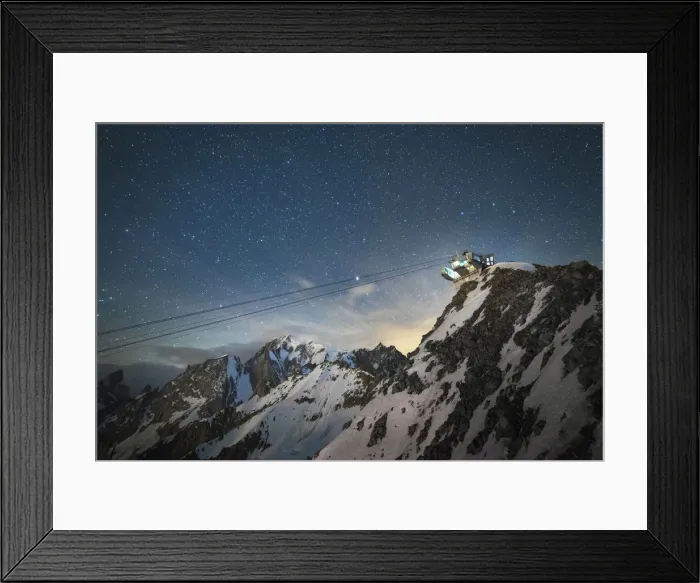 Framed Print : Skyway cableway station near Mont Blanc under a starry sky, Torino refuge Framed Print : Skyway cableway station near Mont Blanc under a starry sky, Torino refuge