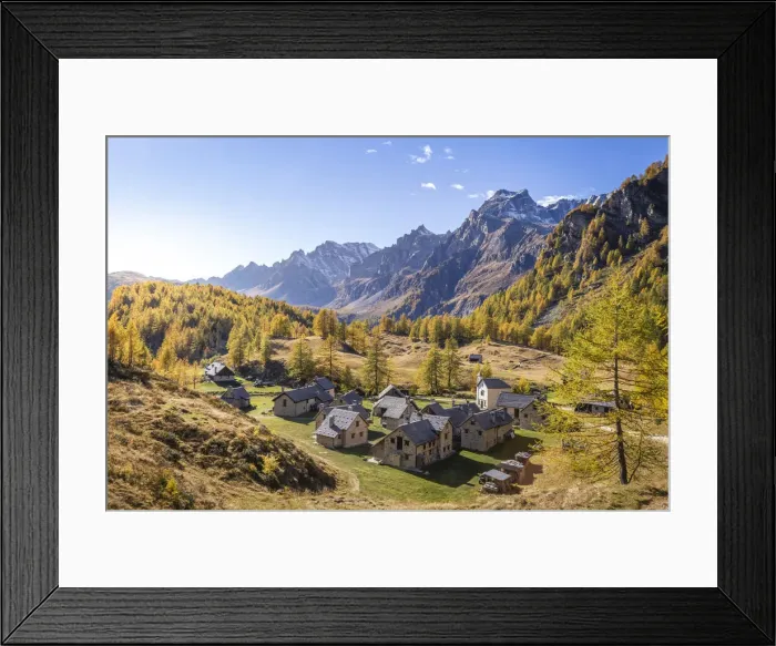 Framed Print : Little mountain village, Crampiolo, during autumn, Cervandone peak