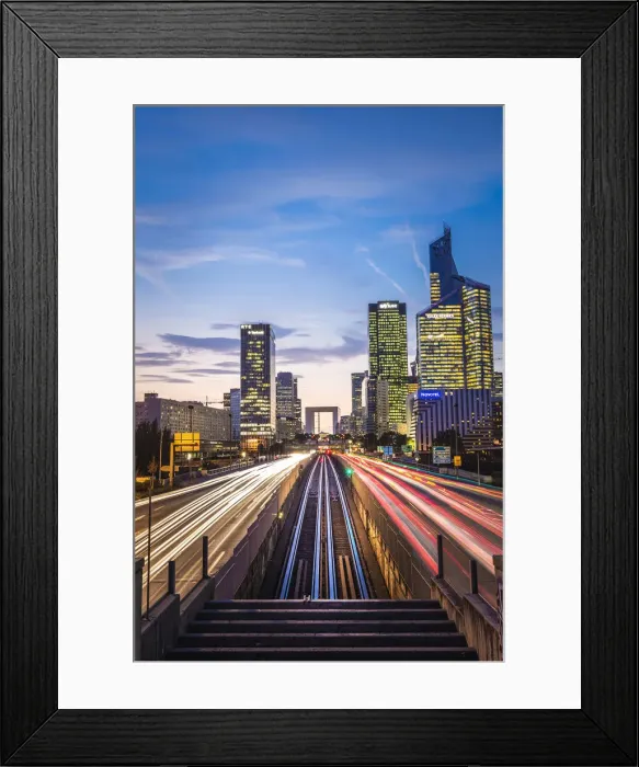 Framed Print : Arc de la Da fence and La Da fence Skyscaper during the night and carss lights (Paris