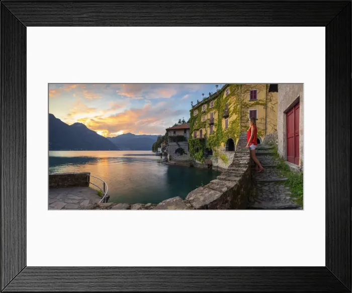 Framed Print : A lady observes sunset at Nesso, Como lake, Como, Lombardy, Italy (MR)