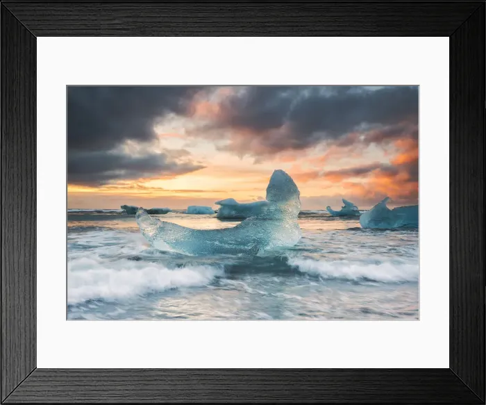 Framed Print : Blocks of ice at sunrise, Jokulsarlon, Diamond beach, Austurland, Iceland, Northern Europe Framed Print : Blocks of ice at sunrise, Jokulsarlon, Diamond beach, Austurland, Iceland, Northern Europe