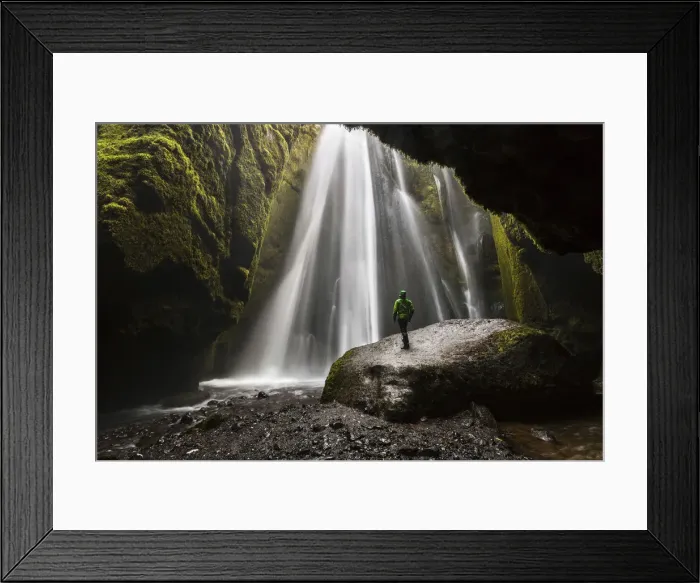 Framed Print : Man into a cave in front of a waterfall, Gljufrafoss, Skogar, Iceland, Northern Europe (MR) Framed Print : Man into a cave in front of a waterfall, Gljufrafoss, Skogar, Iceland, Northern Europe (MR)