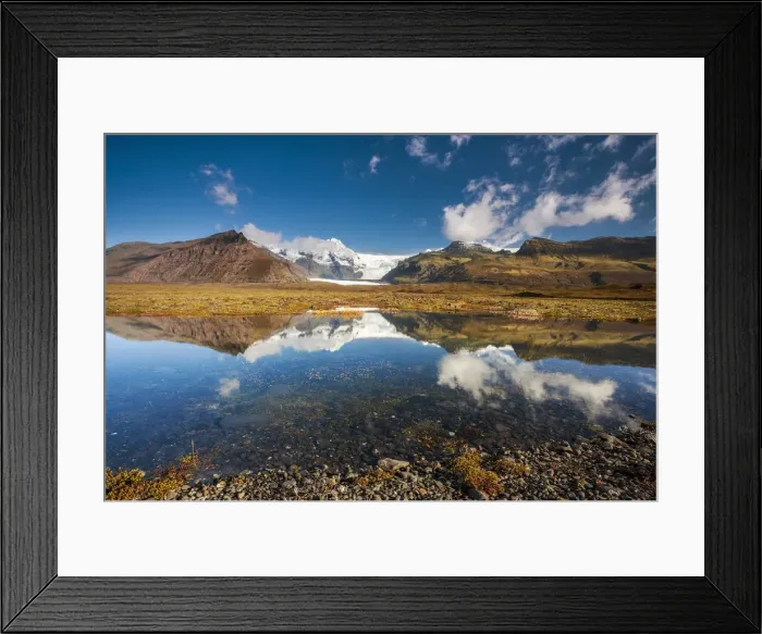 Framed Print : Reflection of glacier Svinafellsjokull, Hornafjorour, Austurland, Iceland Framed Print : Reflection of glacier Svinafellsjokull, Hornafjorour, Austurland, Iceland