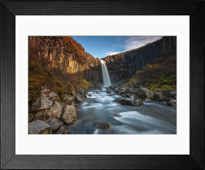 Framed Print : Svartifoss waterfall at sunrise, Skaftafell National Park, Hornafjorður, Austurland, Iceland, Northern Europe