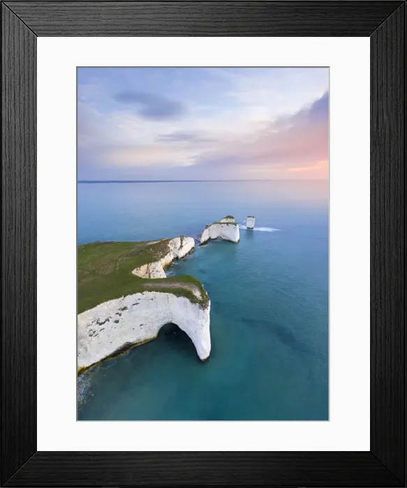 Framed Print : Aerial view at sunrise of the Old Harry Rocks, chalky formations near Handfast Point Framed Print : Aerial view at sunrise of the Old Harry Rocks, chalky formations near Handfast Point