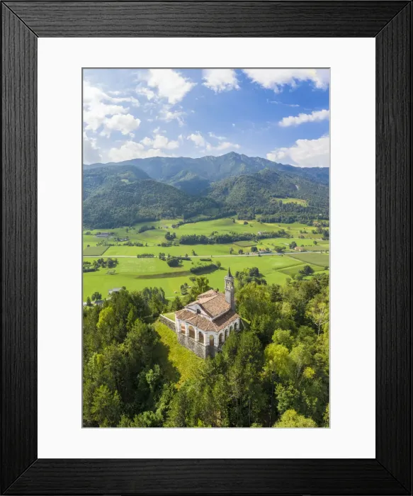 Framed Print : Aerial view of the fields surrounding the small church of Chiesa della Santissima