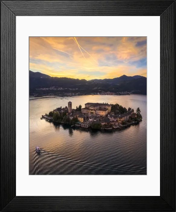 Framed Print : Aerial view of Orta San Giulio and Lake Orta at sunset. Orta Lake, Province of Novara