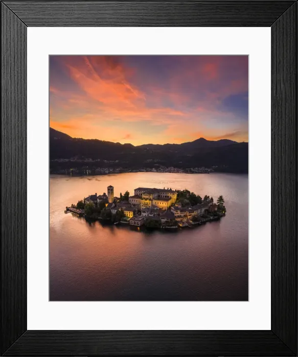 Framed Print : Aerial view of Orta San Giulio and Lake Orta at sunset. Orta Lake, Province of Novara