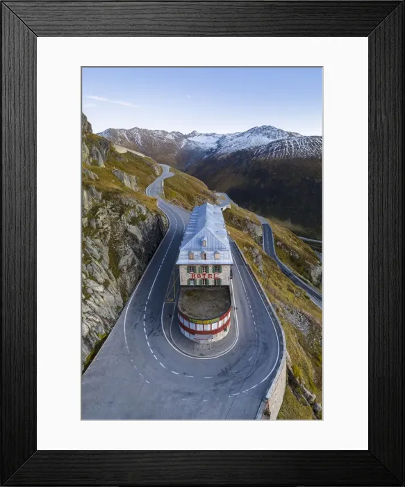Framed Print : Aerial view of the Belvedere Hotel and the Furka Pass road, famous for a scene of the James Bond film Goldfinger, a high mountain pass in the Swiss Alps connecting Gletsch, Valais with Realp, Uri. Obergoms, Canton of Valais, Swiss Alps, Switzerland Framed Print : Aerial view of the Belvedere Hotel and the Furka Pass road, famous for a scene of the James Bond film Goldfinger, a high mountain pass in the Swiss Alps connecting Gletsch, Valais with Realp, Uri. Obergoms, Canton of Valais, Swiss Alps, Switzerland