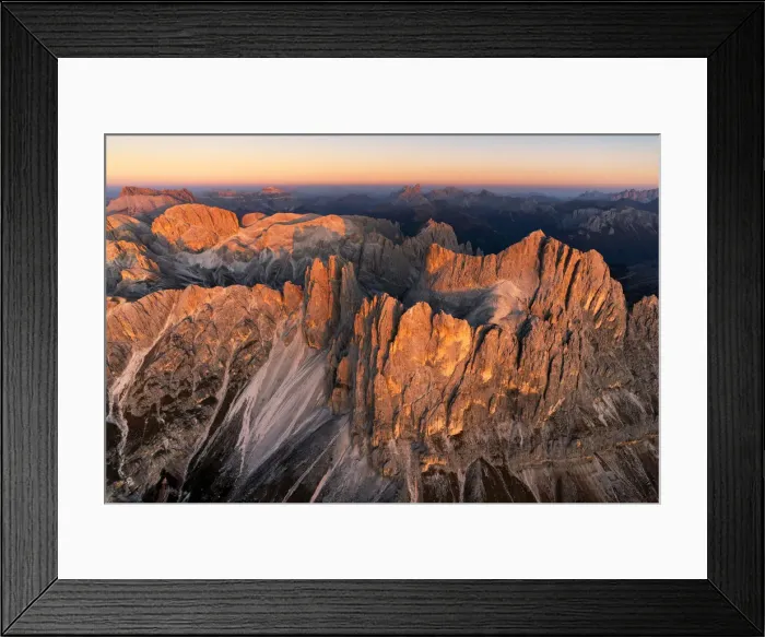 Framed Print : Aerial view of Catinaccio group at sunset, Dolomites, Trentino Alto Adige, Italy Framed Print : Aerial view of Catinaccio group at sunset, Dolomites, Trentino Alto Adige, Italy