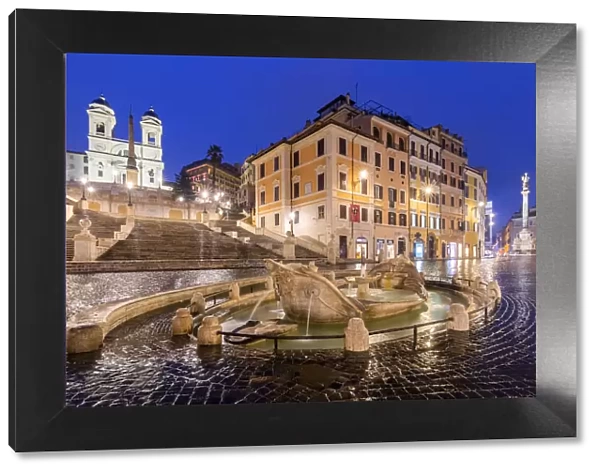 View of Spanish Square, the fountain of the Barcaccia, the Spanish steps