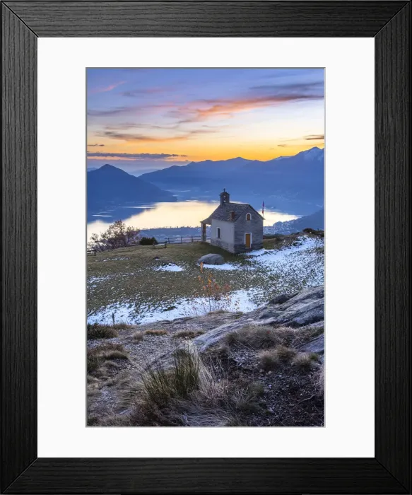 Framed Print : View of the stone church of Monti di Lego, overlooking Lago Maggiore, Ascona and Locarno