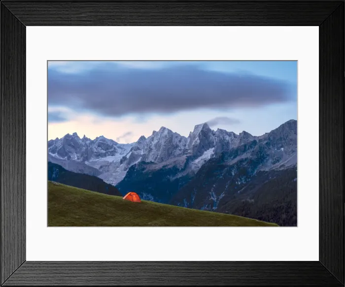 Framed Print : Tent in front of Sciore group at dawn, Tombal, Soglio, Val Bregaglia Framed Print : Tent in front of Sciore group at dawn, Tombal, Soglio, Val Bregaglia