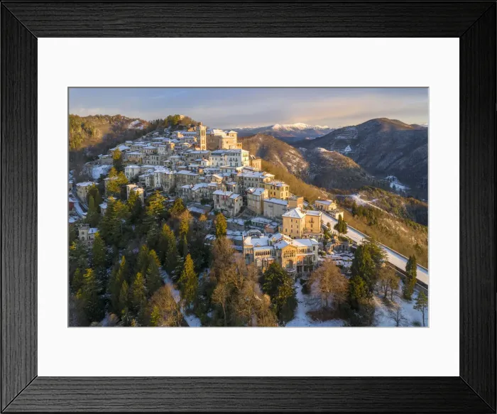 Framed Print : Aerial view of Santa Maria del Monte and the chapels of the sacred way during a winter Framed Print : Aerial view of Santa Maria del Monte and the chapels of the sacred way during a winter