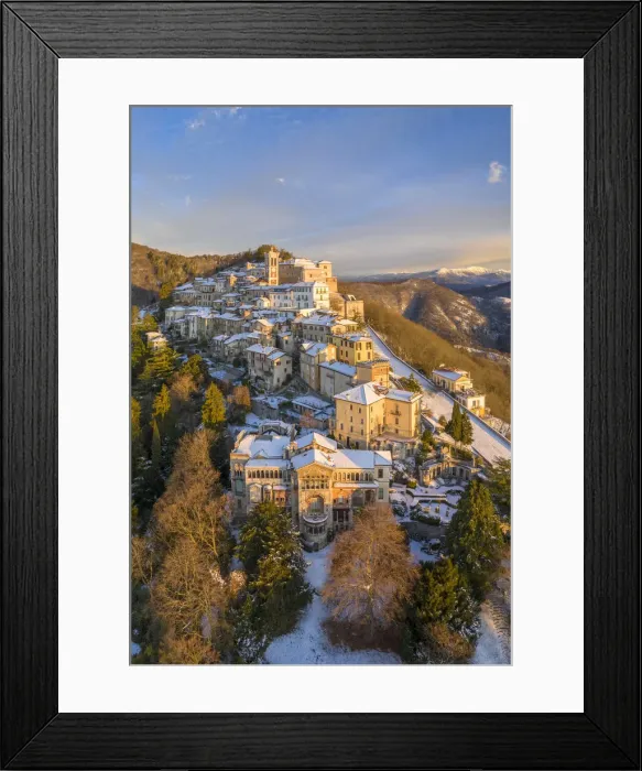 Framed Print : Aerial view of Santa Maria del Monte and the chapels of the sacred way during a winter Framed Print : Aerial view of Santa Maria del Monte and the chapels of the sacred way during a winter