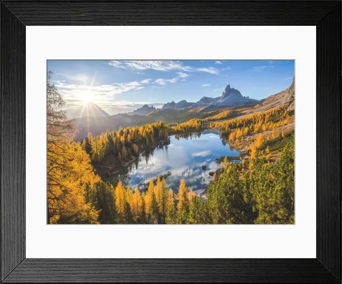 Framed Print : lake federa and croda da lago hut, a beautiful autumn morning in dolomites Framed Print : lake federa and croda da lago hut, a beautiful autumn morning in dolomites