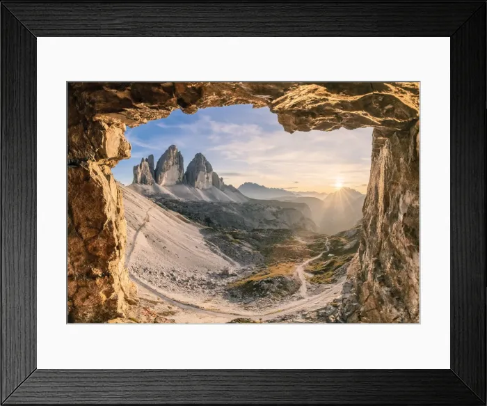 Framed Print : glimpse on the Tre Cime di Lavaredo from a war cave, sexten dolomites, south tyrol Framed Print : glimpse on the Tre Cime di Lavaredo from a war cave, sexten dolomites, south tyrol