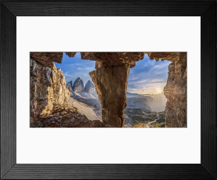Framed Print : glimpse on the Tre Cime di Lavaredo from a war cave, sexten dolomites, south tyrol Framed Print : glimpse on the Tre Cime di Lavaredo from a war cave, sexten dolomites, south tyrol
