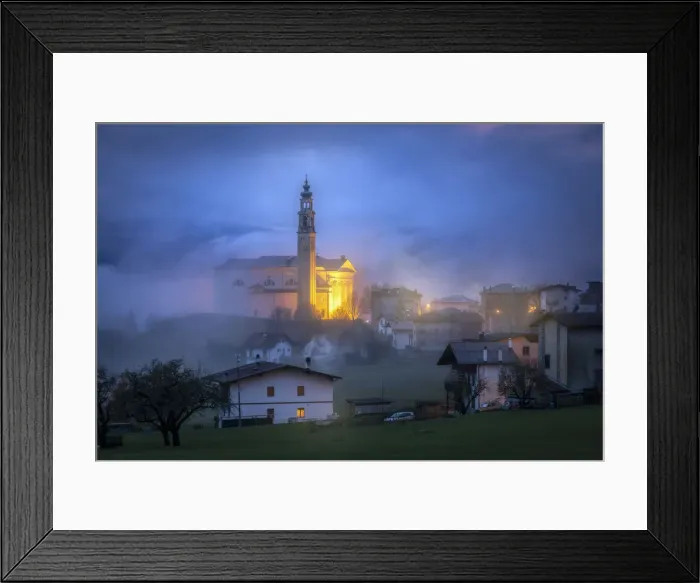 Framed Print : Domegge di Cadore at dusk with the church of San Giorgio martire, Cadore, Belluno, Veneto Framed Print : Domegge di Cadore at dusk with the church of San Giorgio martire, Cadore, Belluno, Veneto