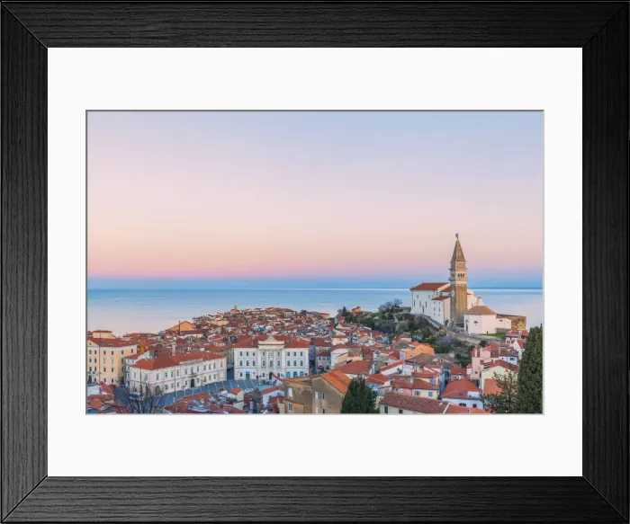 Framed Print : Twilight on the historic town of Piran with the church of St Framed Print : Twilight on the historic town of Piran with the church of St