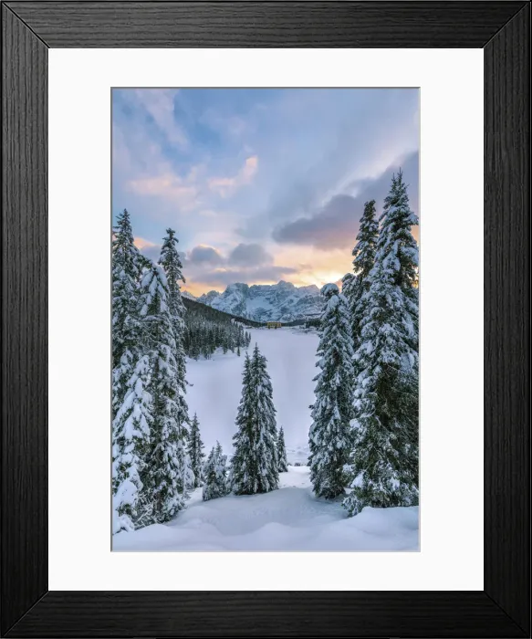 Framed Print : winter landscape of Misurina at sunset with Dolomites on background, Auronzo di Cadore Framed Print : winter landscape of Misurina at sunset with Dolomites on background, Auronzo di Cadore