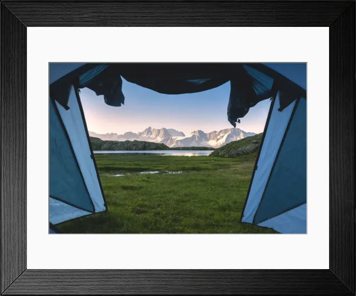 Framed Print : The view from the tent in the morning of the Presanella, Laghetti di Strino Framed Print : The view from the tent in the morning of the Presanella, Laghetti di Strino