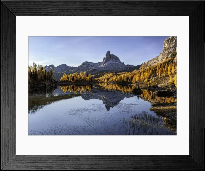 Framed Print : Autumn sunrise at Lake Federa, Cortina d Ampezzo, Belluno district, Veneto, Italy Framed Print : Autumn sunrise at Lake Federa, Cortina d Ampezzo, Belluno district, Veneto, Italy