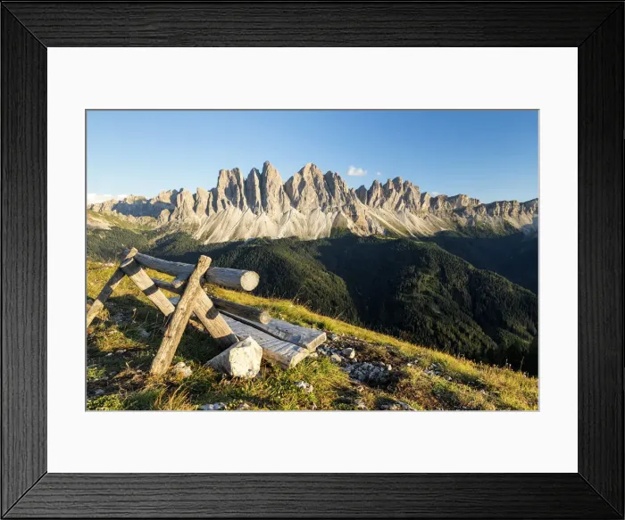 Framed Print : Bench in front of Odle range, Funes Valley, Trentino Alto Adige, Italy, Europe Framed Print : Bench in front of Odle range, Funes Valley, Trentino Alto Adige, Italy, Europe