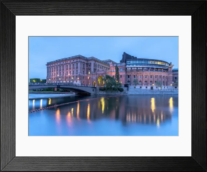 Framed Print : Riksbron Bridge and Parliament House (Riksdagshuset) along Norrstrom river at dusk Framed Print : Riksbron Bridge and Parliament House (Riksdagshuset) along Norrstrom river at dusk