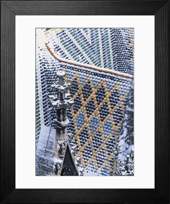 Framed Print : Details of colorful glazed tiles on roof of St. Stephens Cathedral (Stephansdom)