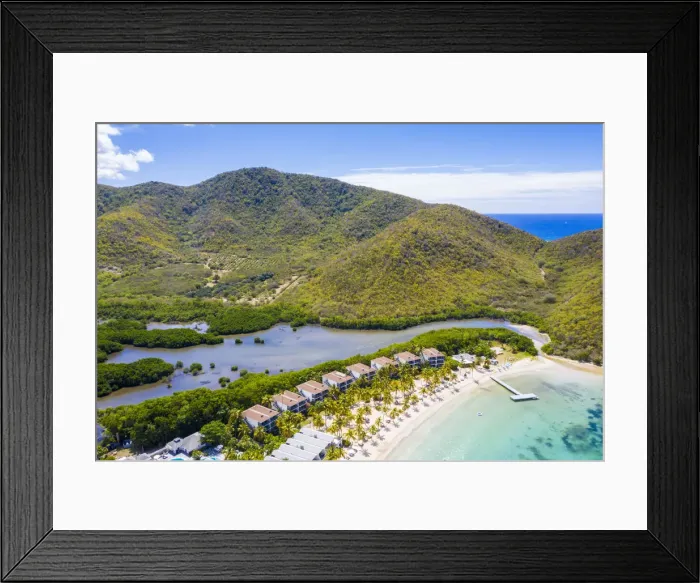 Framed Print : Aerial view of luxury resort on palm-fringed beach from above, Carlisle Bay, Antigua