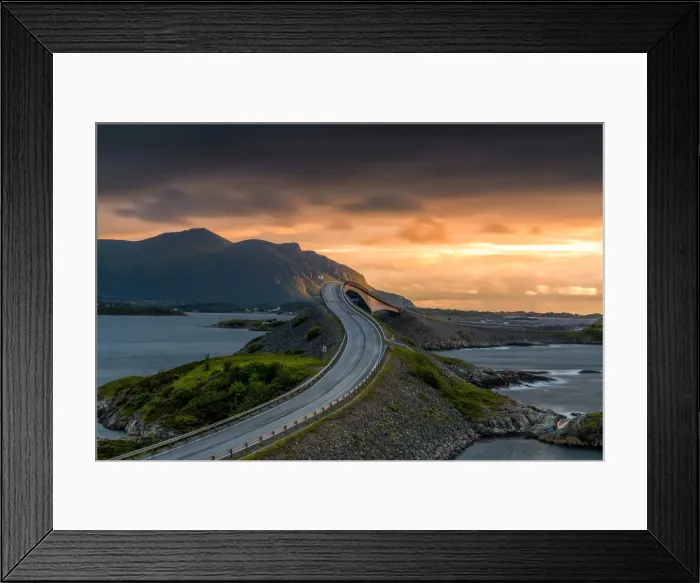 Framed Print : Sunset over the curves of Storseisundet Bridge along the Atlantic Road Framed Print : Sunset over the curves of Storseisundet Bridge along the Atlantic Road