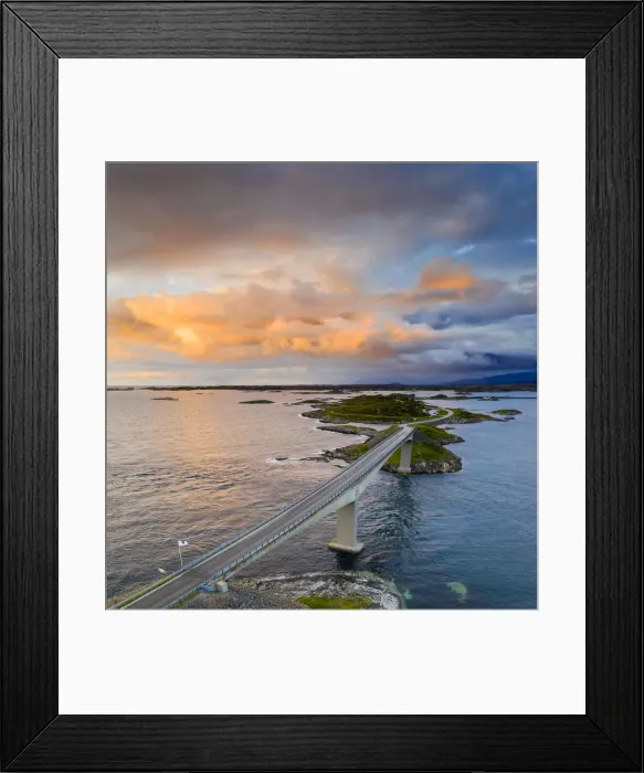 Framed Print : Sunset over Storseisundet Bridge on the Atlantic Road, aerial view Framed Print : Sunset over Storseisundet Bridge on the Atlantic Road, aerial view